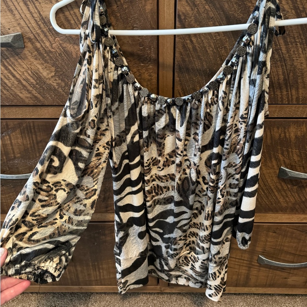 Cache Tie Strap Animal Print Open Shoulder Top